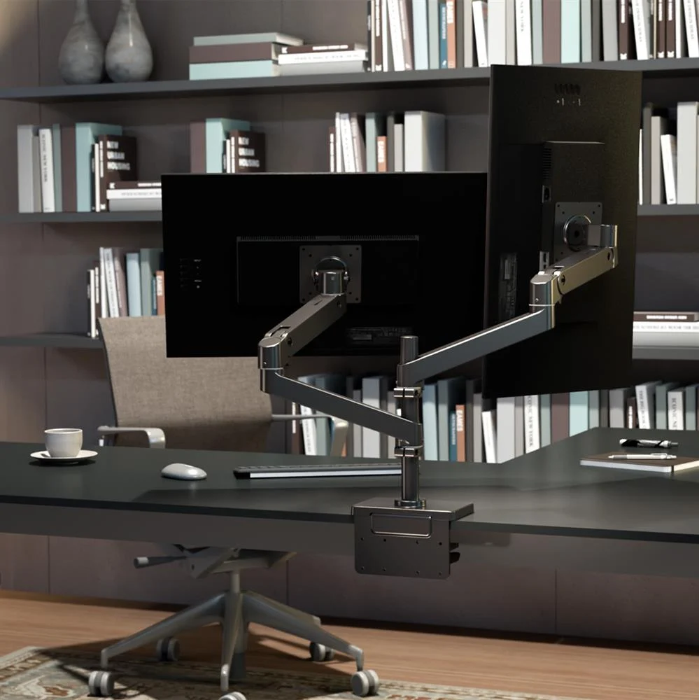 uchwyty na monitor, dwa ekrany obok siebie, uchwyt do monitora na biurko, Ergotron LX Pro czarny